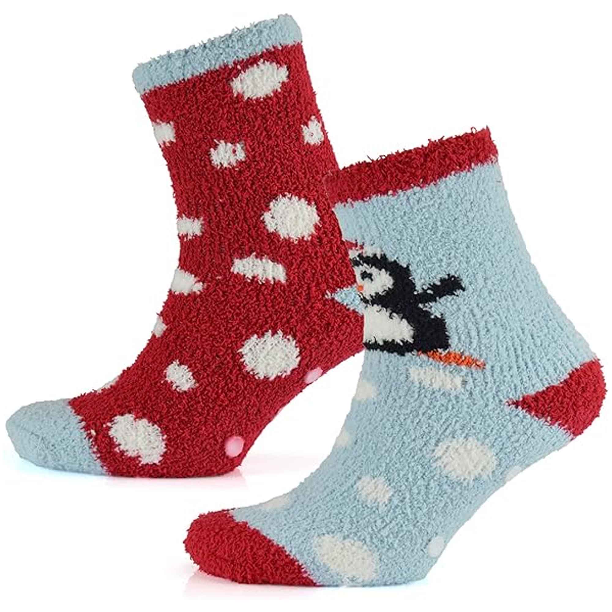 Sock Stack Ladies Christmas Slipper Socks Non Skid Gripper Soles 4 Pack Rudolph and Penguin Festive Designs Winter Stocking Filler Gift Set