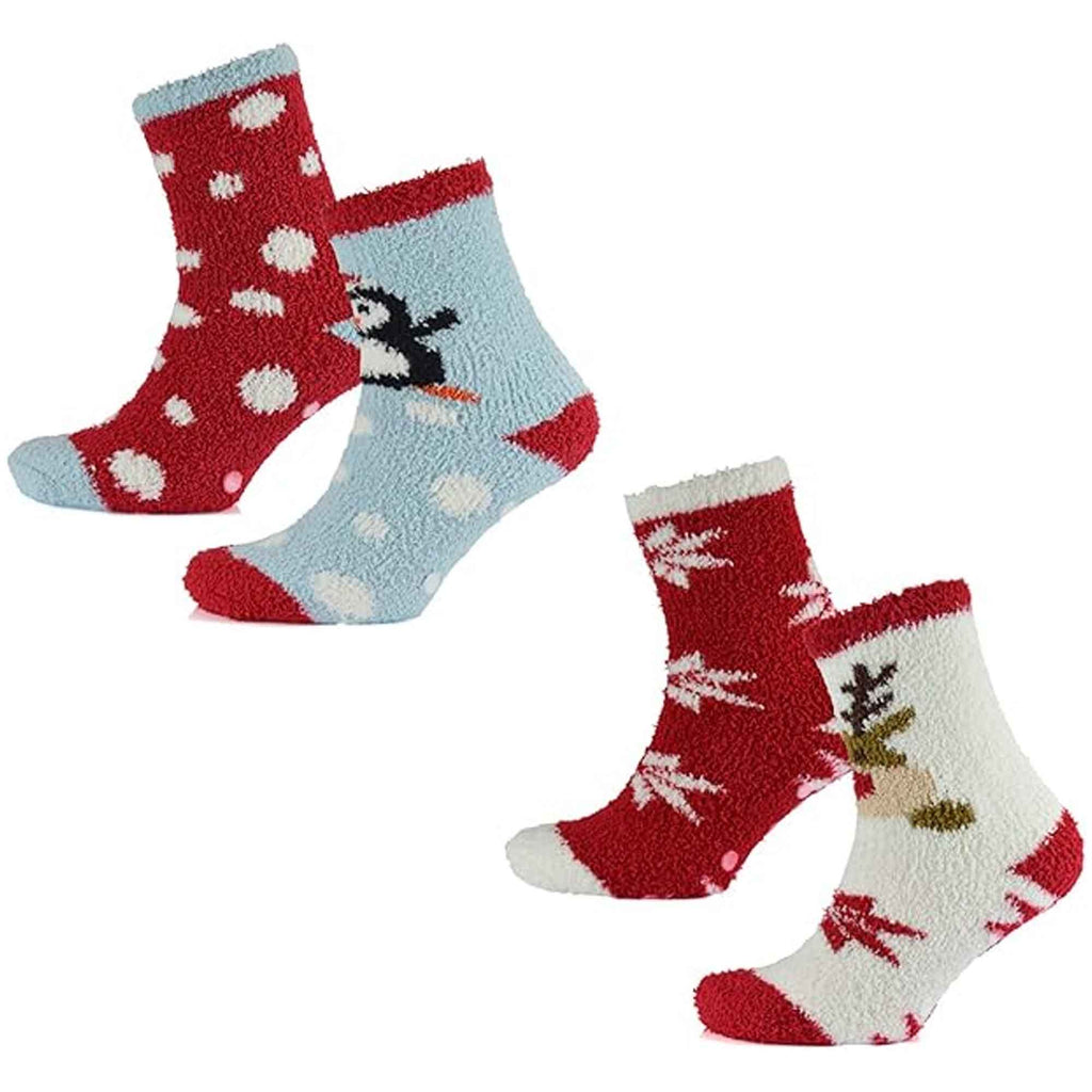 Sock Stack Ladies Christmas Slipper Socks Non Skid Gripper Soles 4 Pack Rudolph and Penguin Festive Designs Winter Stocking Filler Gift Set