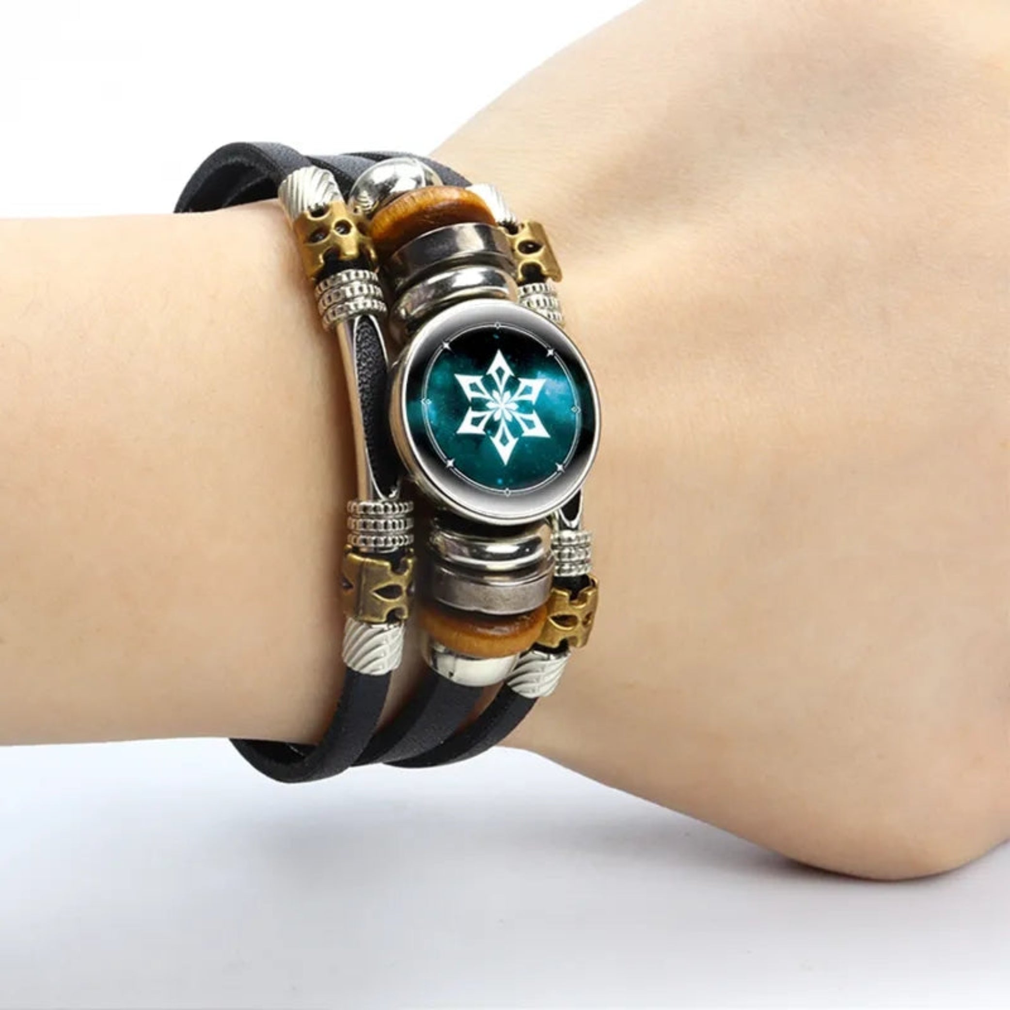 Men’s Luminous Genshin Impact Leather Bracelet – Adjustable Glow-in-the-Dark Gaming Wristband