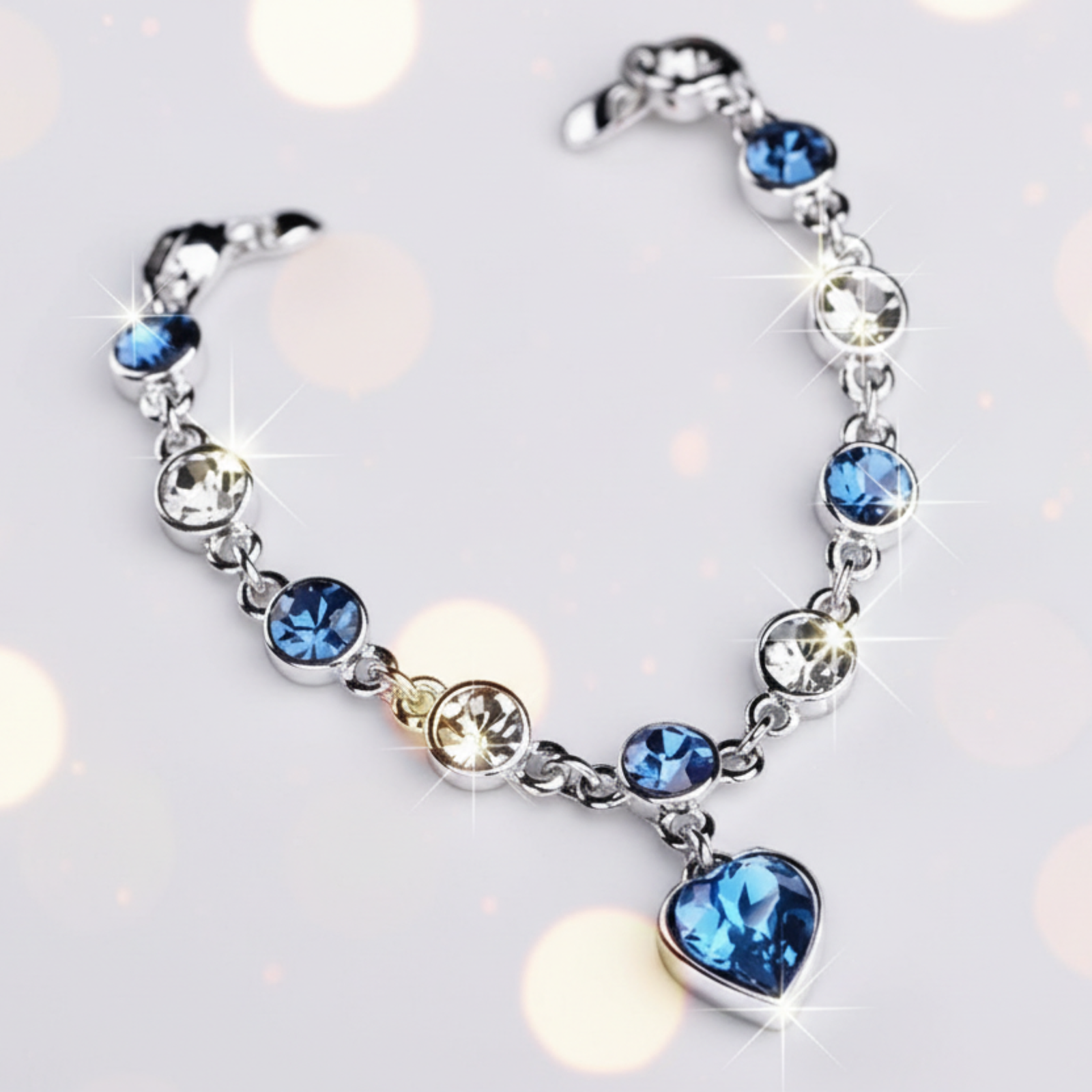 Women’s Silver Bracelet with Blue Heart Crystal Charm – Elegant Jewelry Gift for