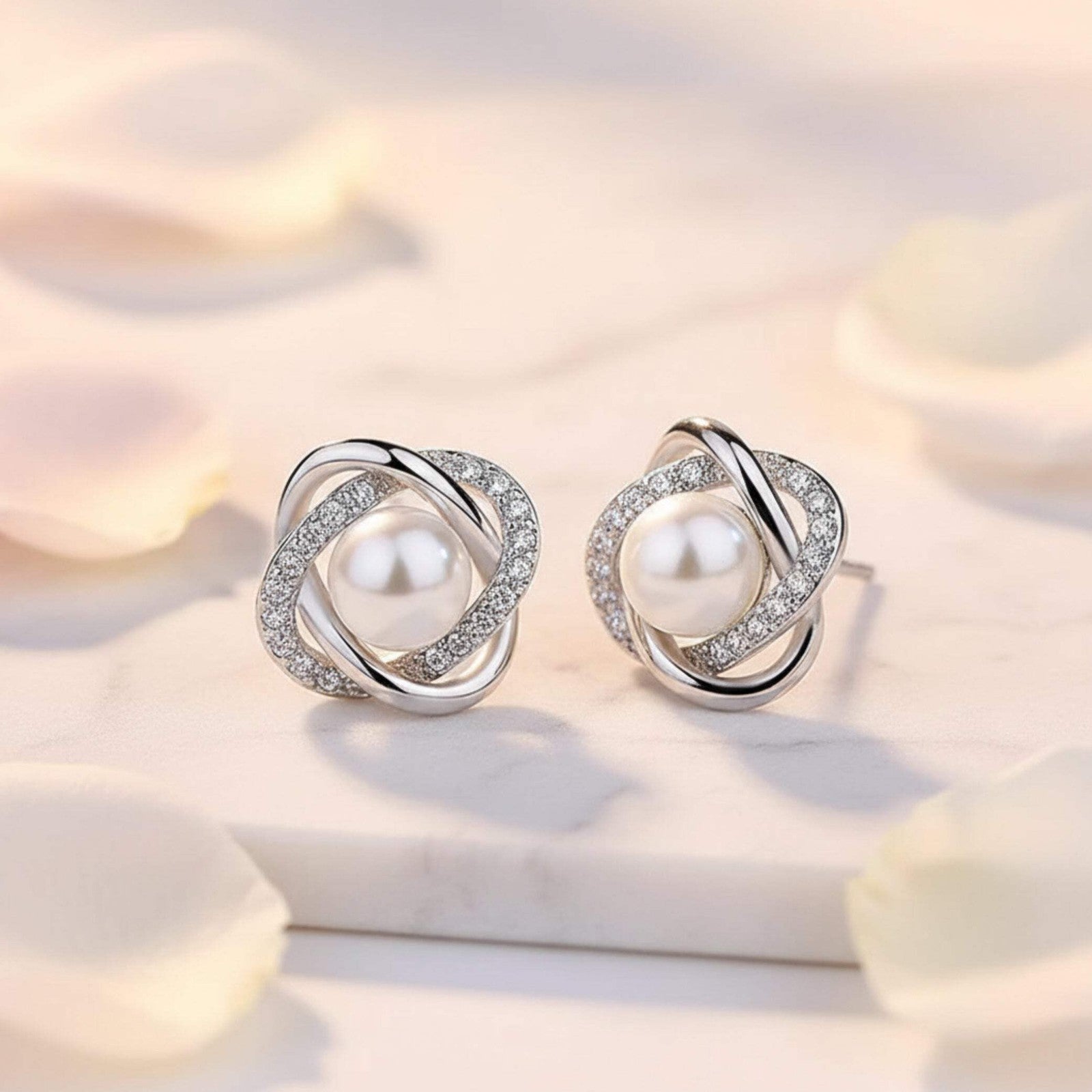 Women’s Silver Pearl & Crystal Earrings – Elegant Dangle Jewelry, Perfect Gift f