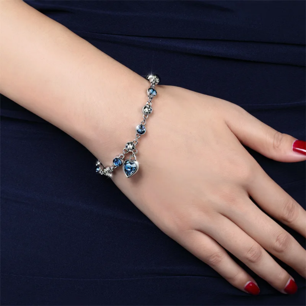 Women’s Silver Bracelet with Blue Heart Crystal Charm – Elegant Jewelry Gift for
