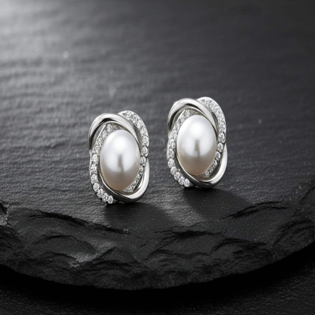 Women’s Silver Pearl & Crystal Earrings – Elegant Dangle Jewelry, Perfect Gift f