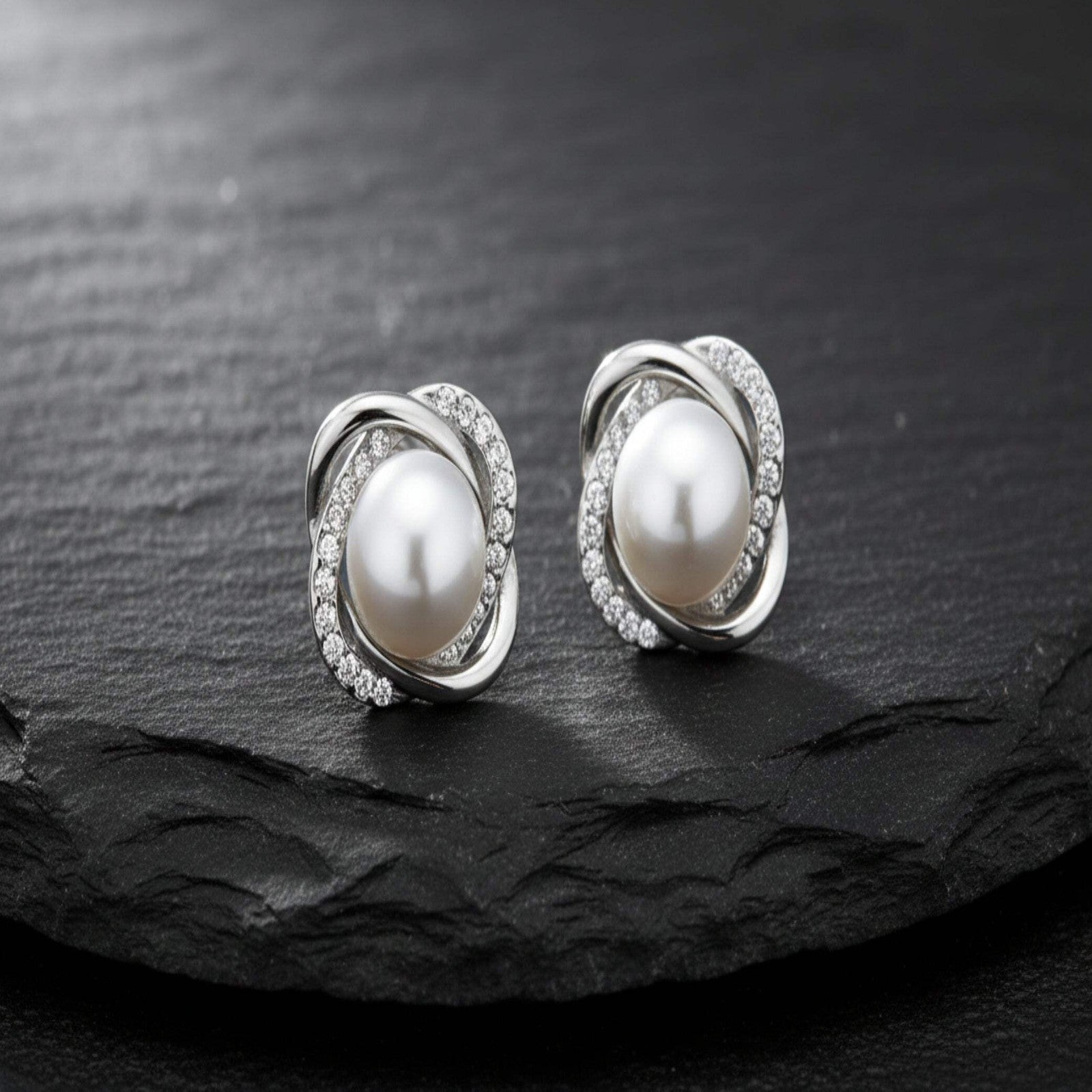 Women’s Silver Pearl & Crystal Earrings – Elegant Dangle Jewelry, Perfect Gift f