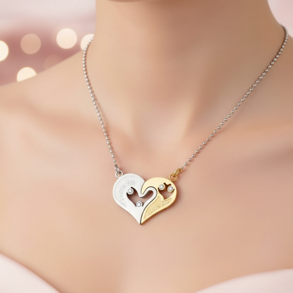 Magnetic Heart Couple Necklaces – “I Love You” Matching Pendant Set in Gold & Si