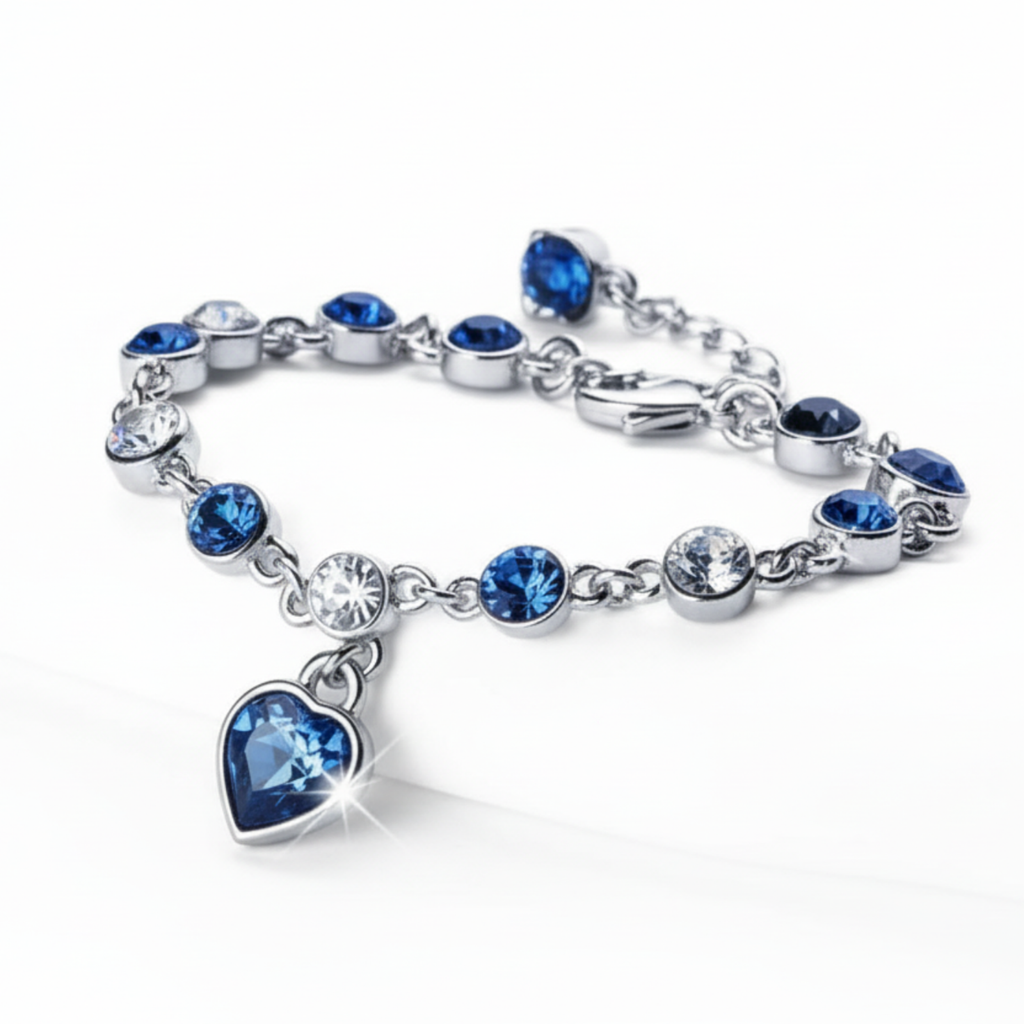 Women’s Silver Bracelet with Blue Heart Crystal Charm – Elegant Jewelry Gift for