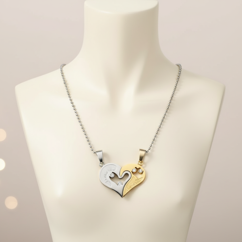 Magnetic Heart Couple Necklaces – “I Love You” Matching Pendant Set in Gold & Si