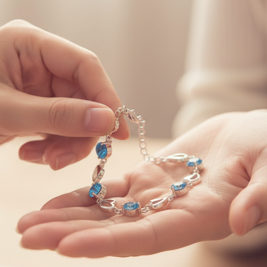 Elegant Silver Heart Bracelet – Sparkling Blue Crystal Charm Jewelry, Adjustable