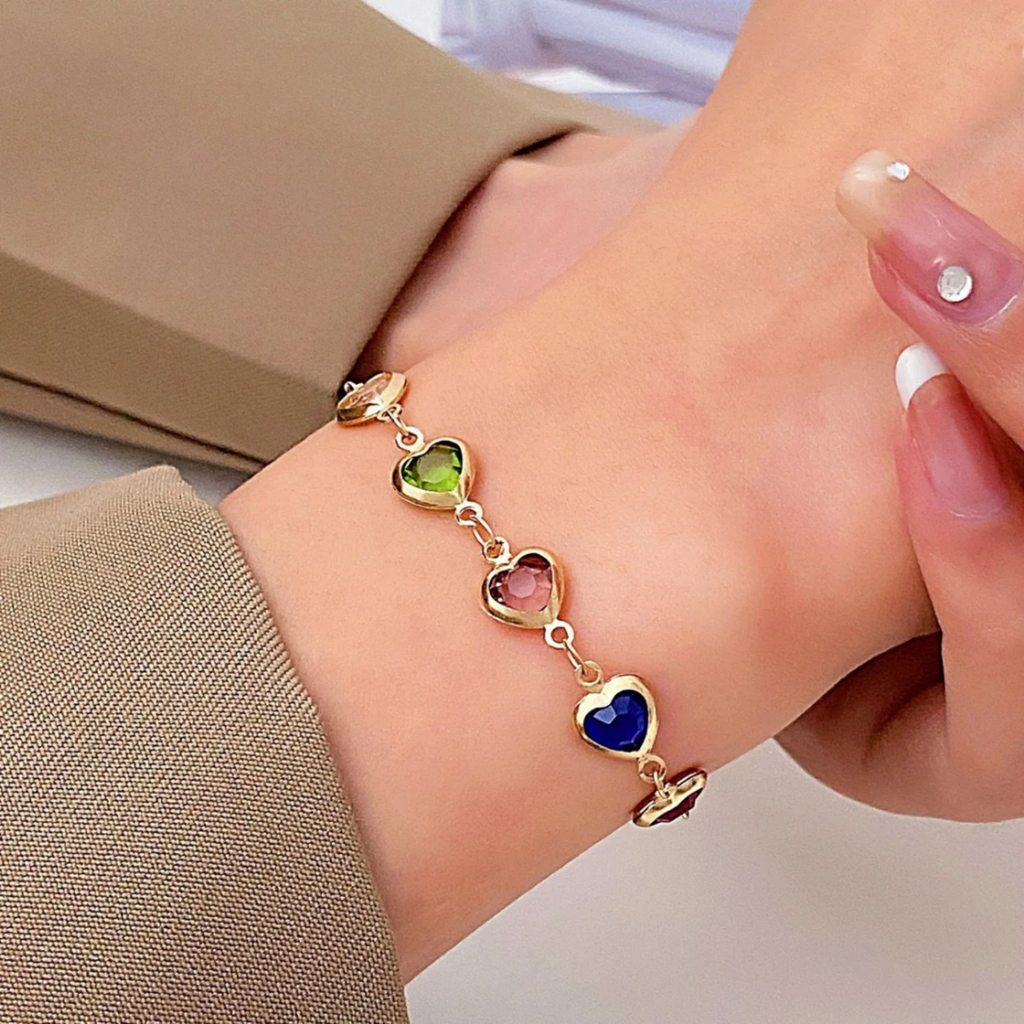 Prismatic Heart Crystal Bracelet – Multicolor Sparkle Jewelry, Adjustable Romant