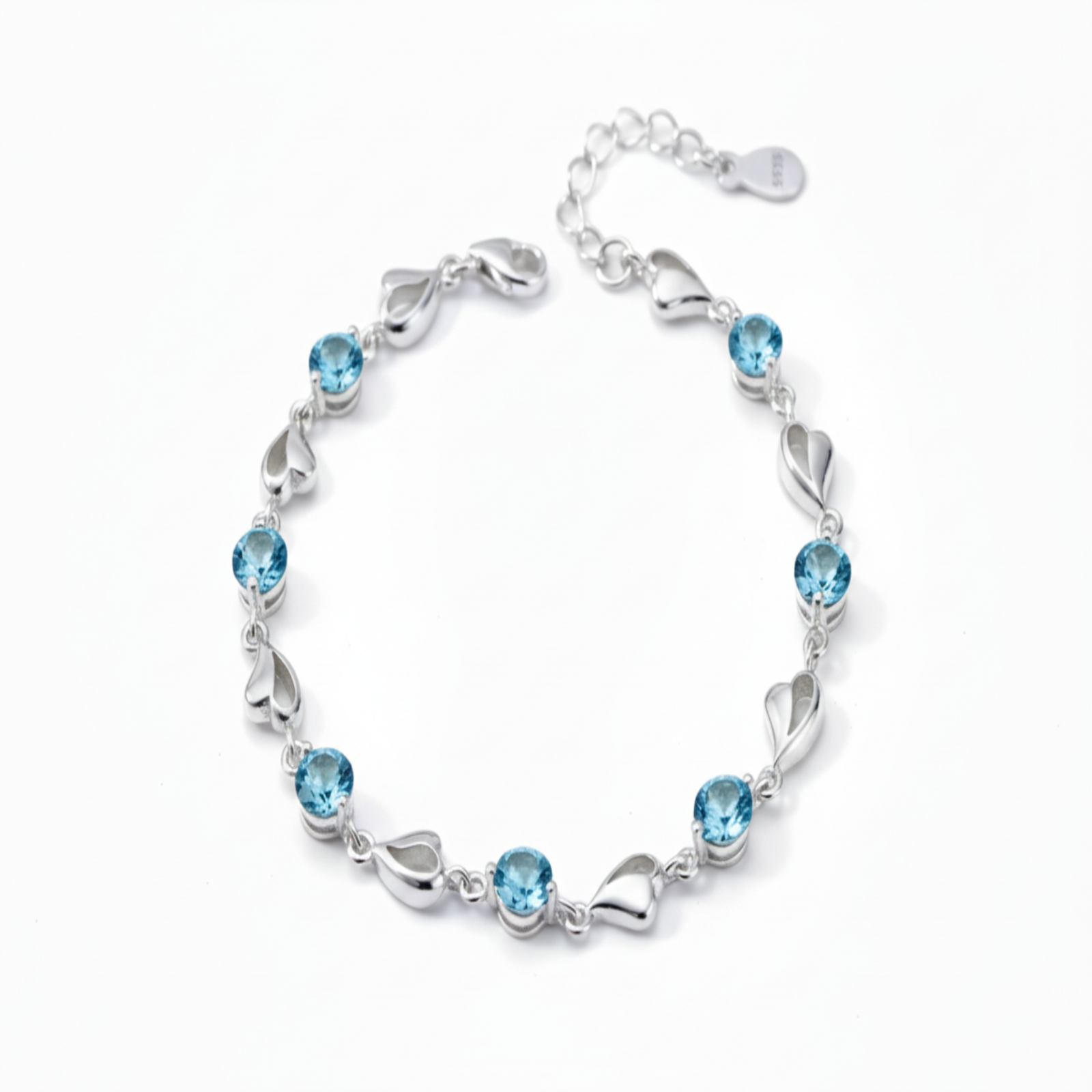 Elegant Silver Heart Bracelet – Sparkling Blue Crystal Charm Jewelry, Adjustable