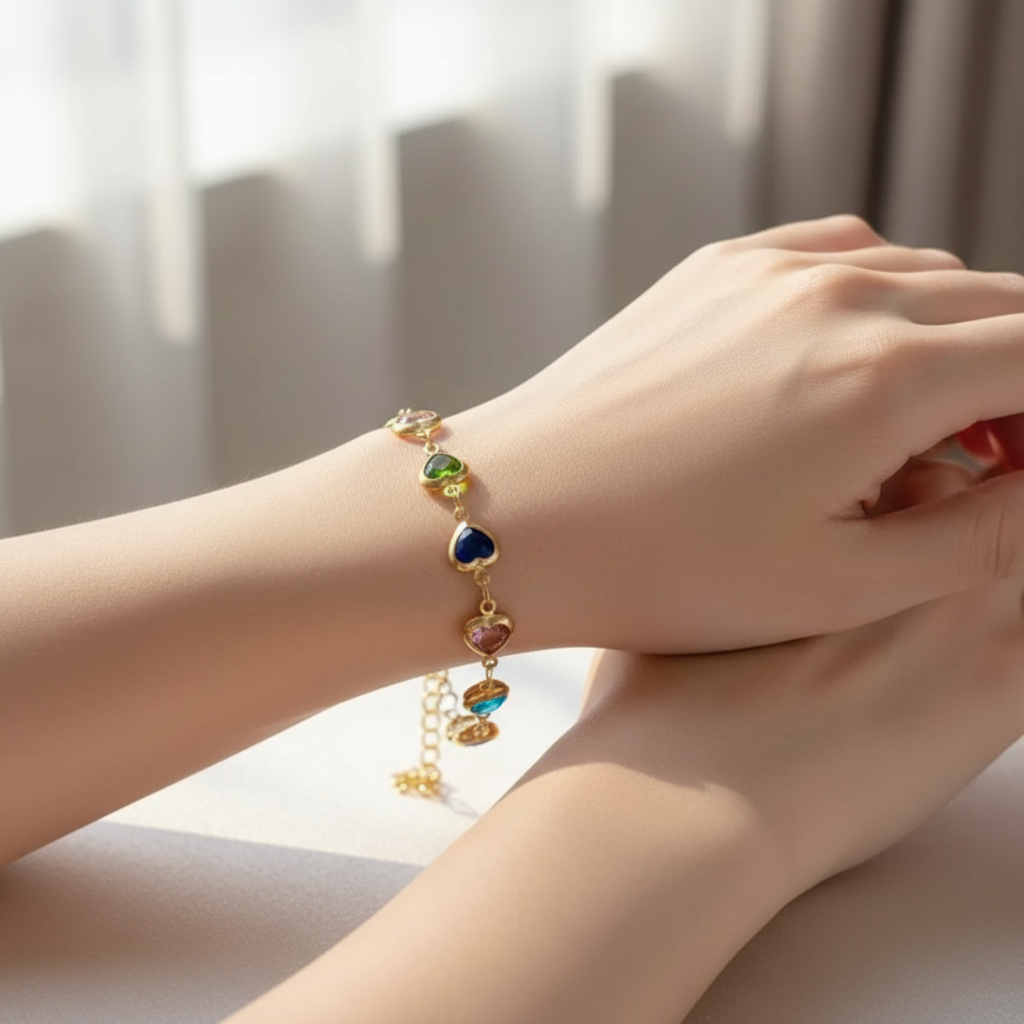Prismatic Heart Crystal Bracelet – Multicolor Sparkle Jewelry, Adjustable Romant