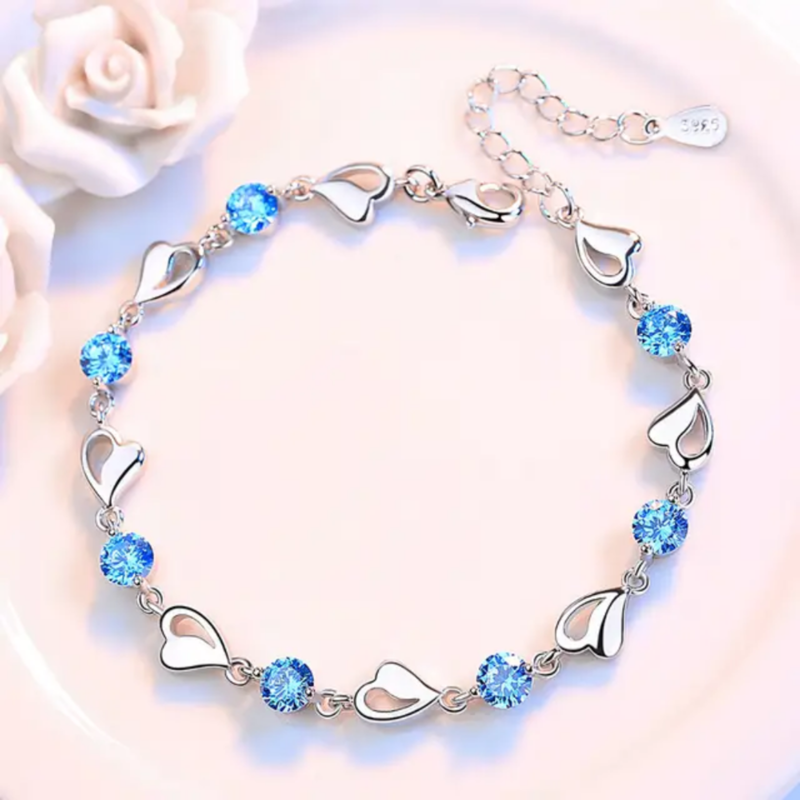 Elegant Silver Heart Bracelet – Sparkling Blue Crystal Charm Jewelry, Adjustable