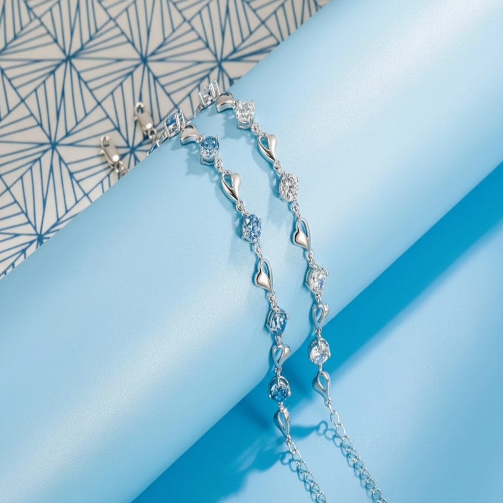 Elegant Silver Heart Bracelet – Sparkling Blue Crystal Charm Jewelry, Adjustable