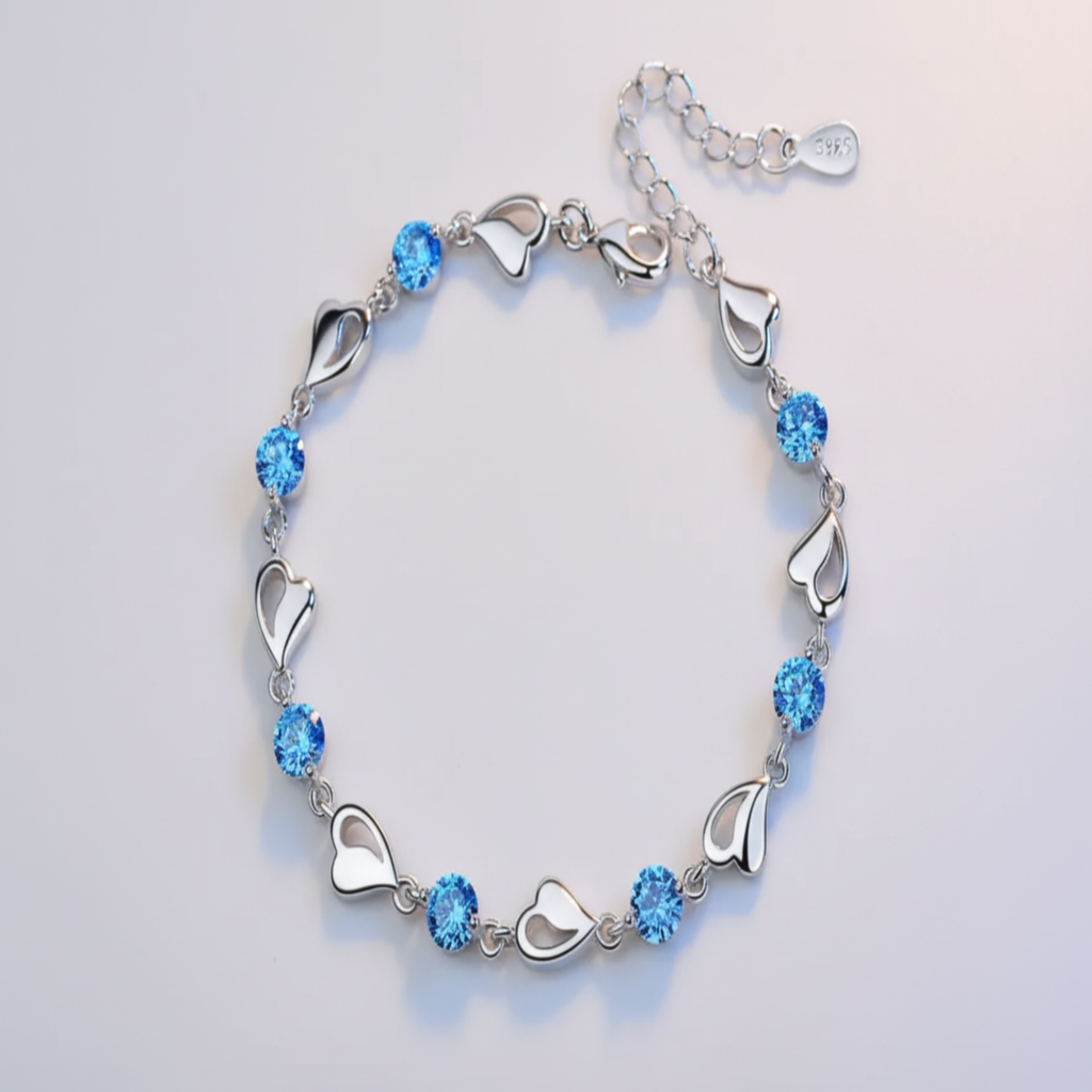 Elegant Silver Heart Bracelet – Sparkling Blue Crystal Charm Jewelry, Adjustable