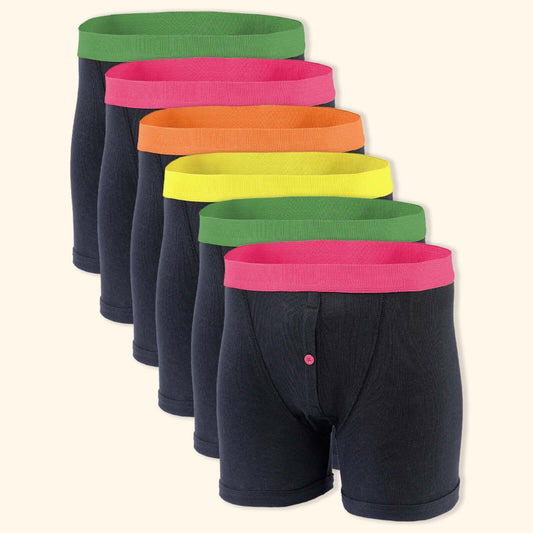 6 Pack Classic Menswear Black Cotton Blend Boxer Shorts Breathable Activewear Comfortable Stretch Colourful Waistband Durable Lightweight Button Fly Underwear MB08 by Sock Stack