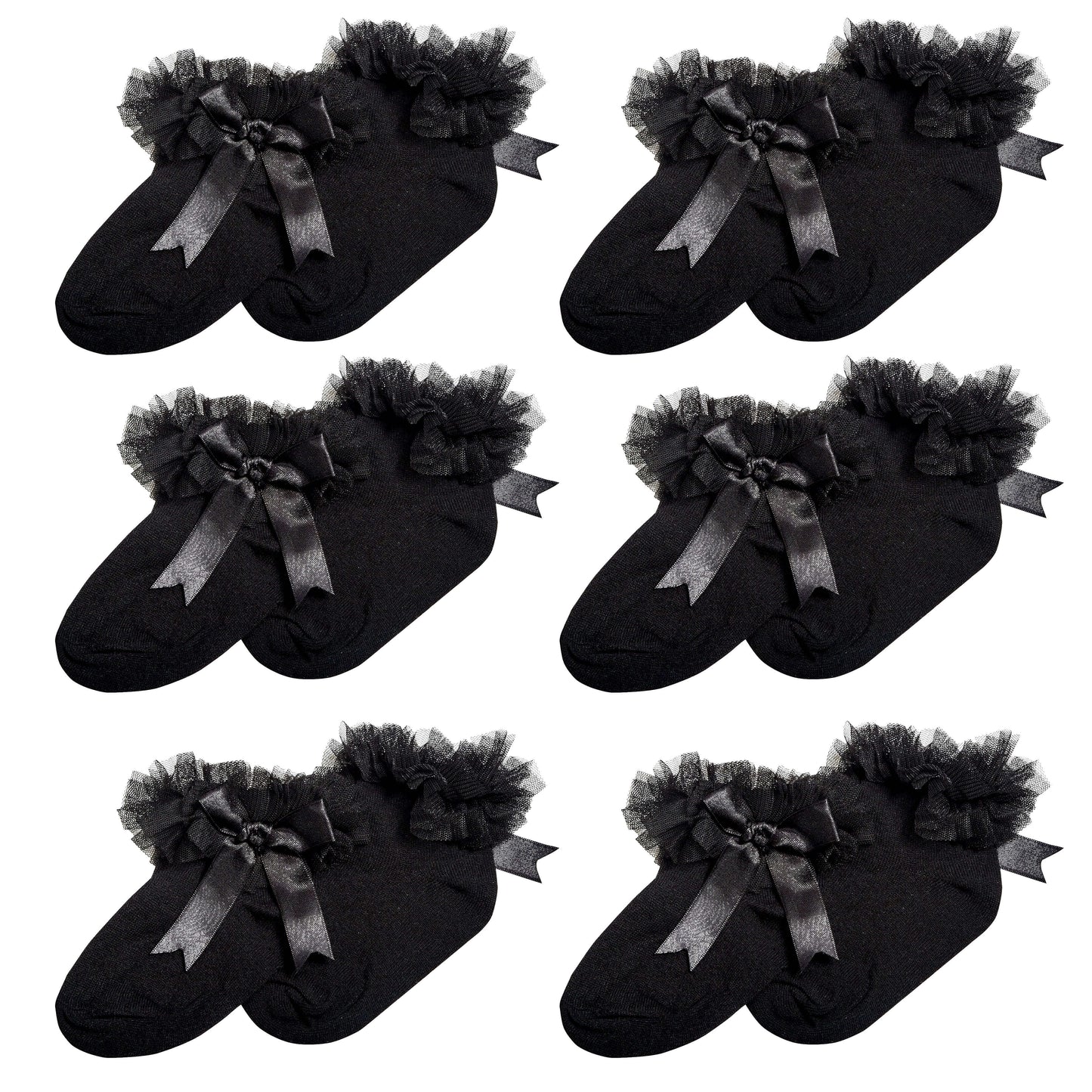 6 Pairs Black Girls Tutu Frilly Ankle Socks with Lace & Bow Super Soft Wedding Christening Sock by Sock Stack