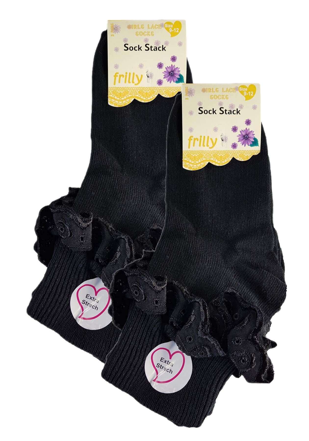 6 Pairs Girls Cotton Rich Frilly Ankle Socks Durable Breathable Sculpted Heels and Toes Multiple Sizes and Colours Perfect for School and Everyday Wear by Sock Stack