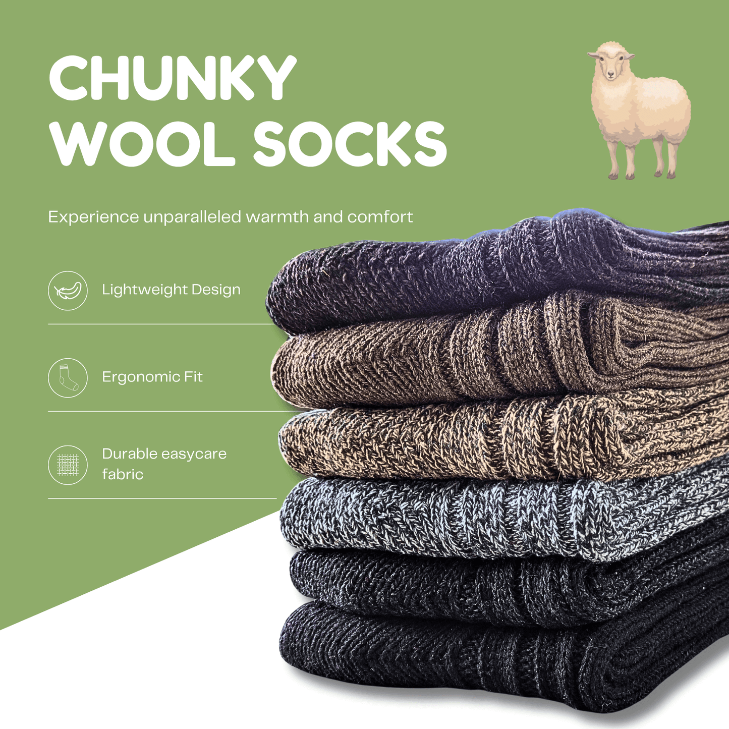 6 Pairs Men's Ultra Chunky Long Wool Thermal Socks for Outdoor Activities Warm Thick Insulated Winter Work Boots Sock UK Sizes 6-11 EU 39-45 Assorted Colours by Sock Stack