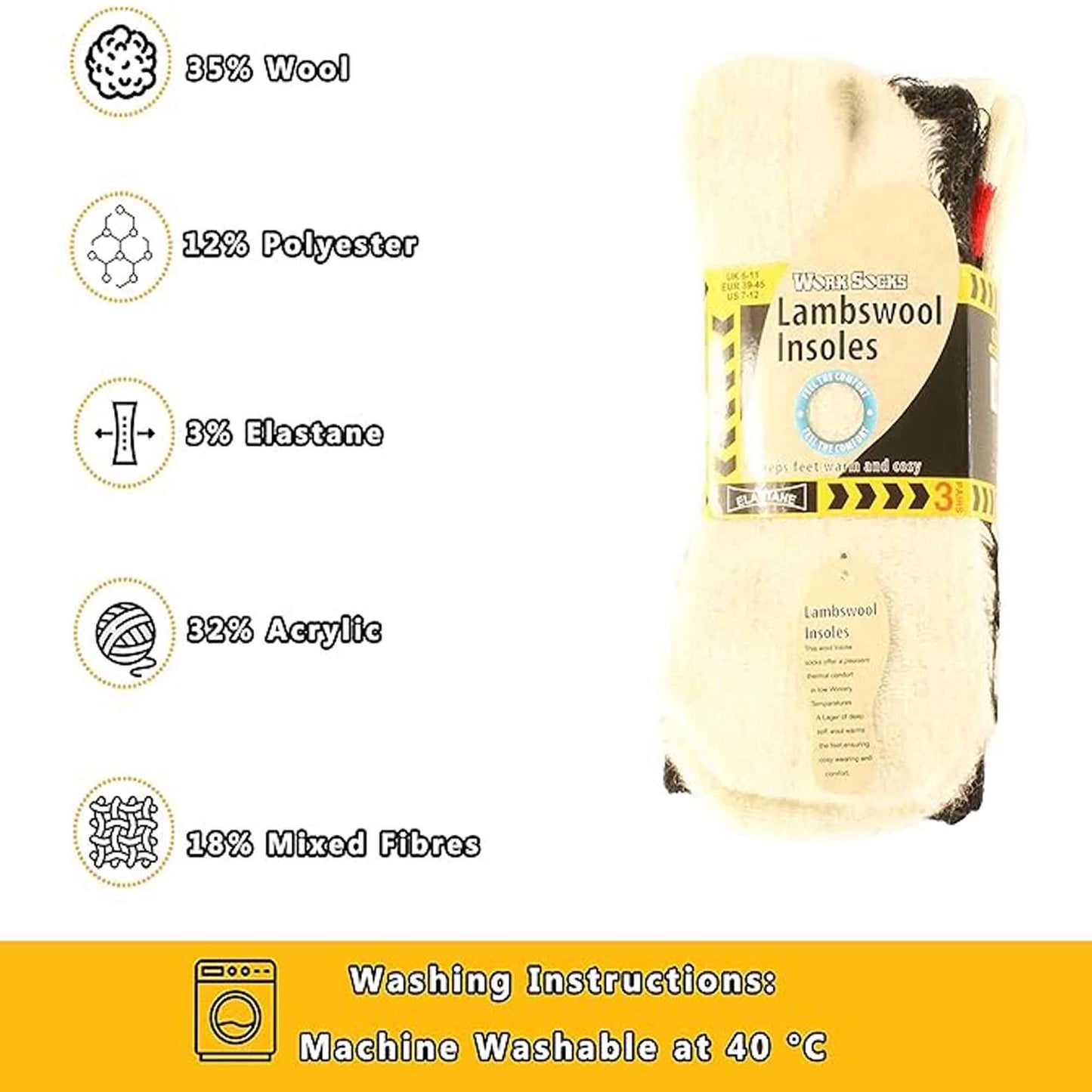 6 Pairs Mens Lambs Wool Sole Work Boot Socks Reinforced Heel Toe Durable Warm Construction Hiking Outdoor Sizes 6-11 UK by Sock Stack