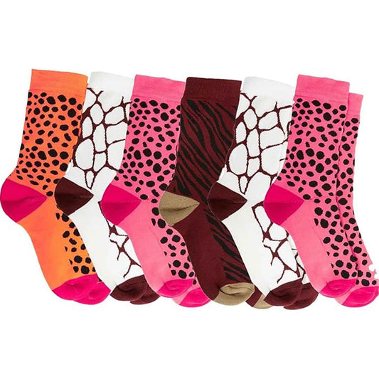 6 Pairs Women's Cotton Rich Animal Print Boot Socks with Reinforced Heel and Toe for Hiking and Walking UK Size 4-7 by Sock Stack