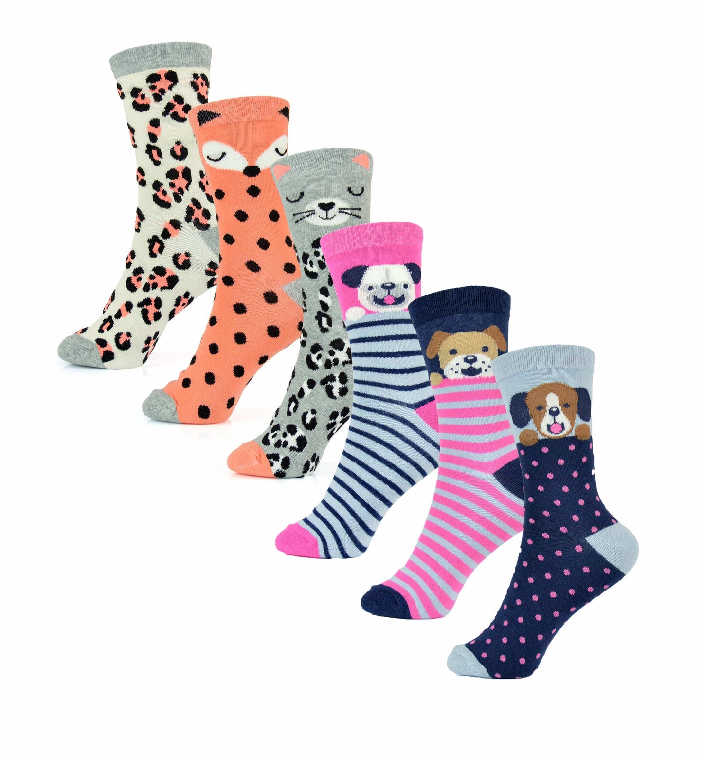 6 Pairs Women's Cotton Rich Socks Fun Designs Stripes Dots Leopard Fox Dog Cat Prints UK 4-7 Breathable Durable by Sock Stack
