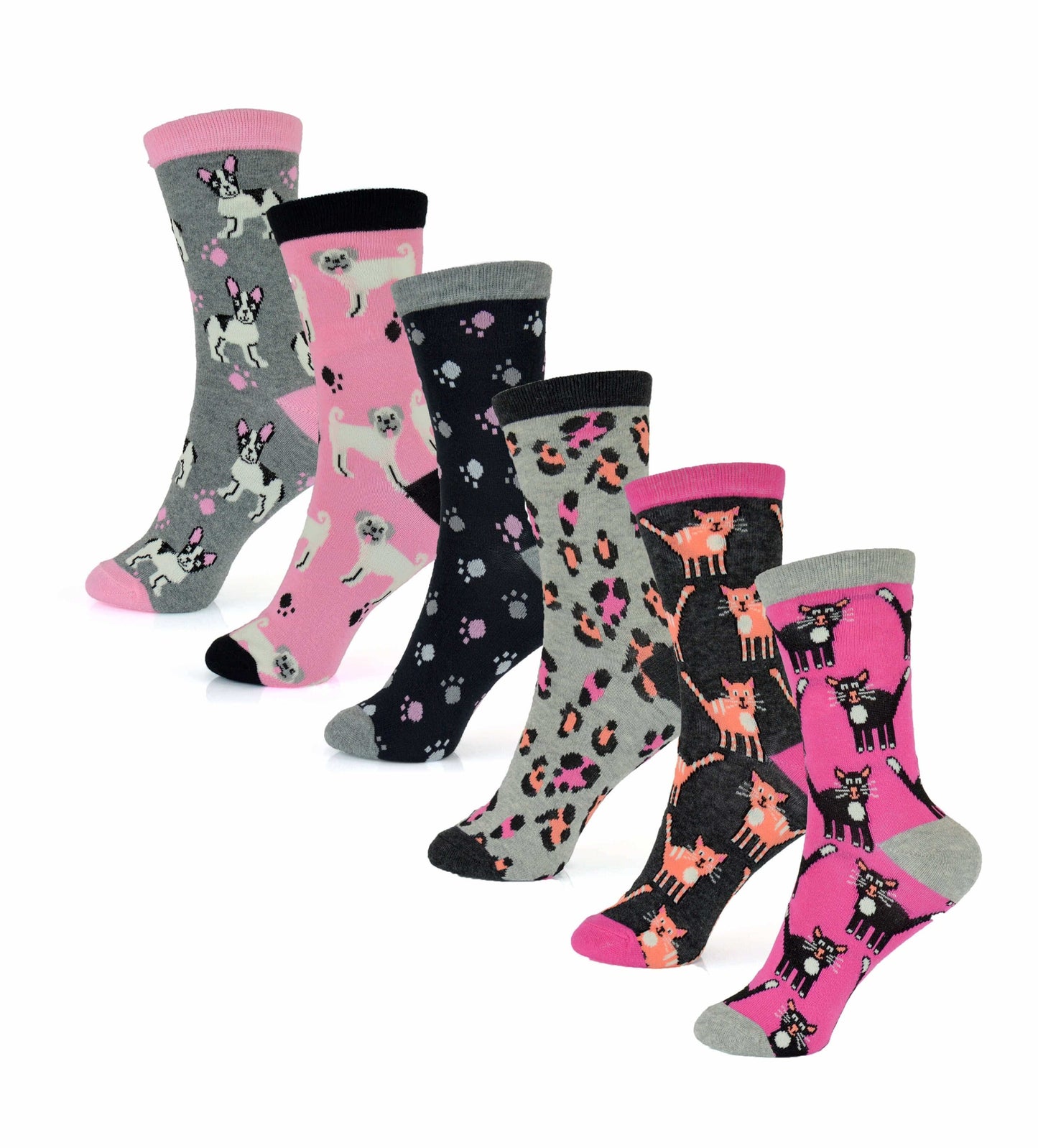 6 Pairs Women's Cotton Rich Socks Fun Designs Stripes Dots Leopard Fox Dog Cat Prints UK 4-7 Breathable Durable by Sock Stack