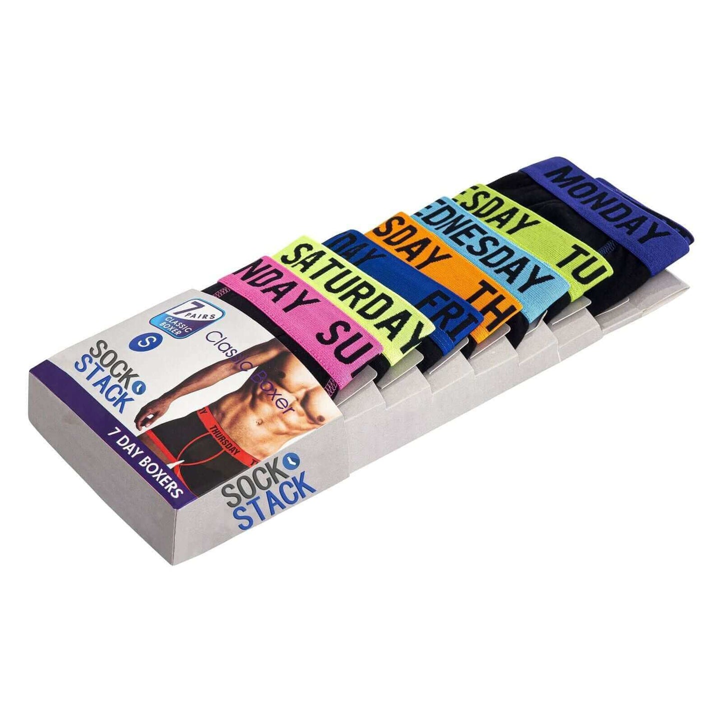 7 Pack Days Of The Week Comfort Fit Boxer Shorts Menswear Activewear Classic Breathable with Premium Cotton Blend and Colourful Assorted Waistband Stretchable Durable Everyday Wear Sizes Small to XLarge by Sock Stack