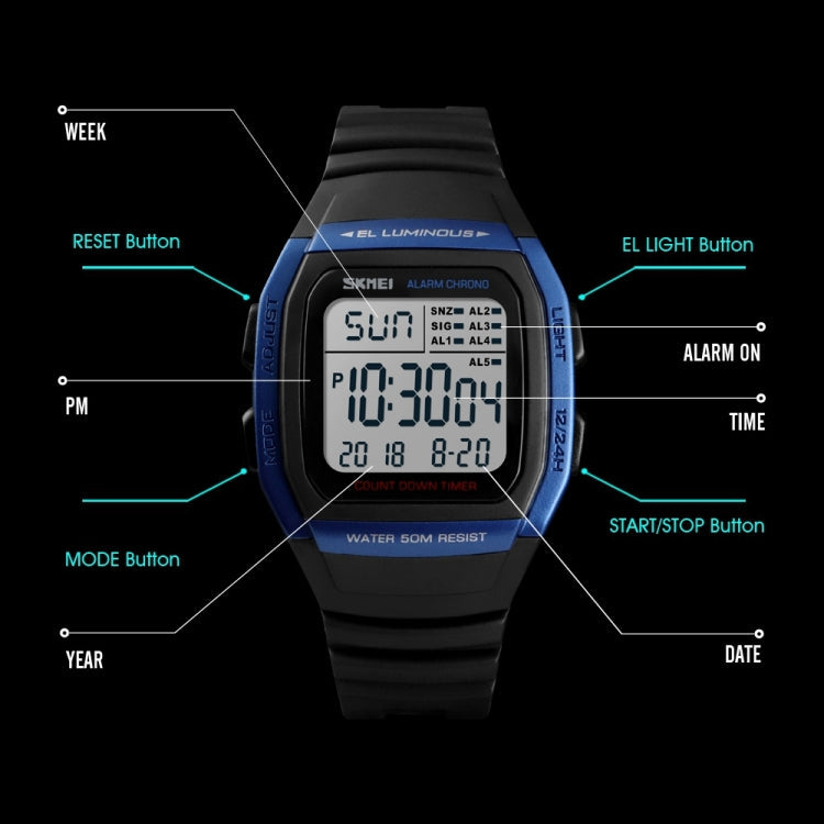 SKMEI 1278 Fashionable Outdoor 50m Waterproof Digital Watch Student Sports Wrist Watch Support 5 Group Alarm Clocks