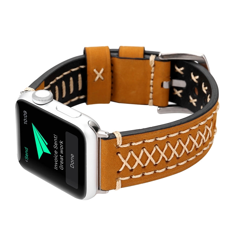 For Apple Watch Series 10 42mm / 9&8&7 41mm / SE 3&SE 2&6&SE&5&4 40mm / 3&2&1 38mm Manual Line Pattern Genuine Leather Wrist Watch Band, For 38mm