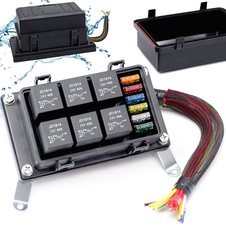 24V 5 Pin Car 6 Slots Waterproof Relay Fuse Box with Cable, 24V 5 Pin