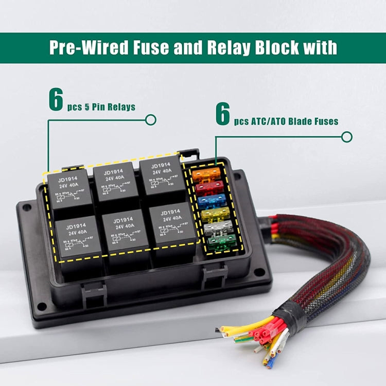 24V 5 Pin Car 6 Slots Waterproof Relay Fuse Box with Cable, 24V 5 Pin