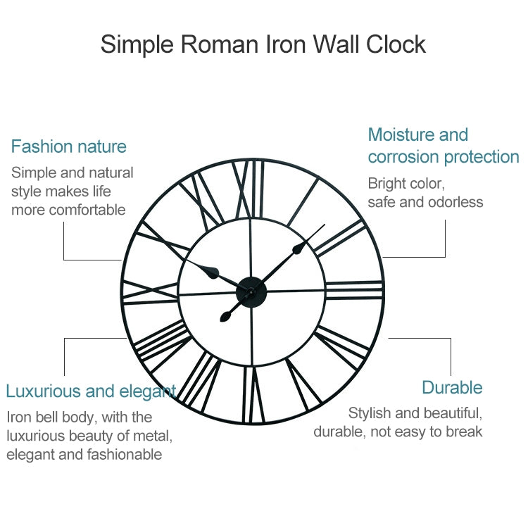 40 cm Retro Wohnzimmer Eisen Runde Römische Ziffern Stumme Dekorative Wanduhr, 40 cm