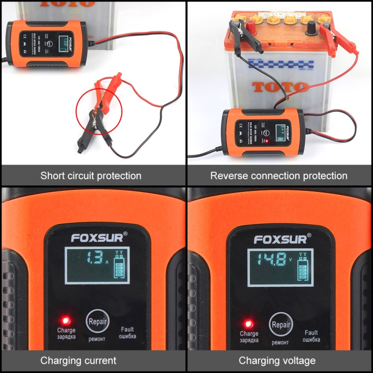 FOXSUR 12V 6A Intelligent Universal Battery Charger for Car Motorcycle, Length: 55cm, US Plug, US Plug, US Plug (Yellow)
