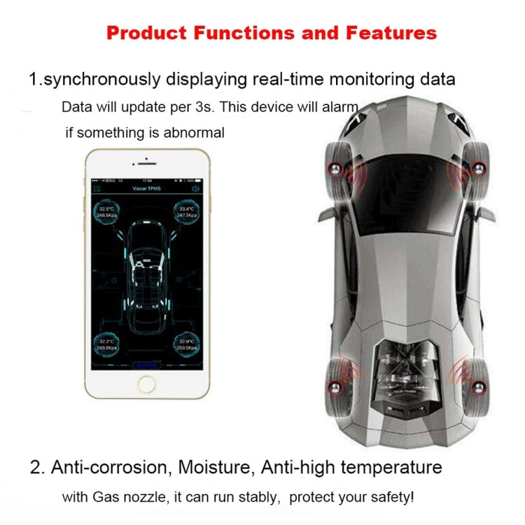 VC601 TPMS Reifenüberwachungssystem mit 4 eingebauten Sensoren, Alarmfunktion und Bluetooth 4.0, kompatibel mit Android / iOS / iPad, VC601