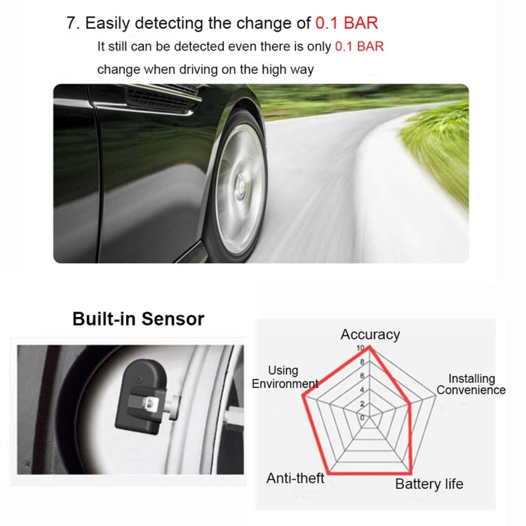 VC601 TPMS Reifenüberwachungssystem mit 4 eingebauten Sensoren, Alarmfunktion und Bluetooth 4.0, kompatibel mit Android / iOS / iPad, VC601