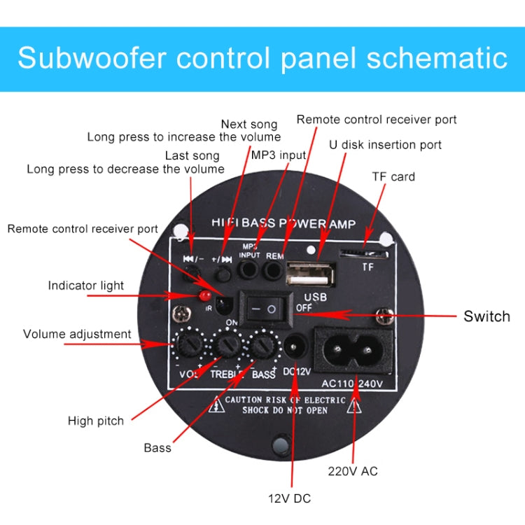4 inch Round Shape Stereo Motorcycle / Car / Household Subwoofer, Built-in Bluetooth, Support TF Card & U Disk Reader, with Remote Control
