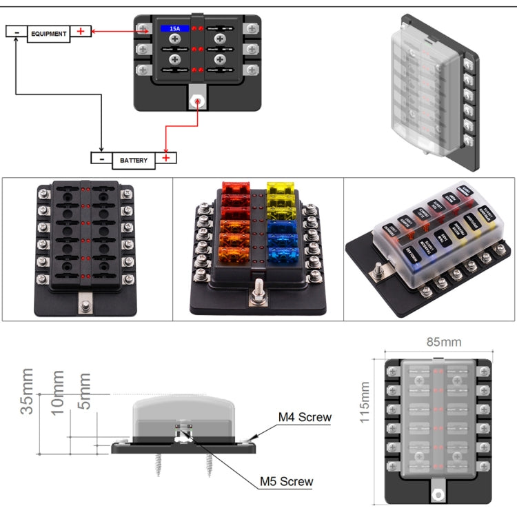 1 in 12 Out Fuse Box Screw Terminal Section Fuse Holder Kits with LED Warning Indicator for Auto Car Truck Boat, 1 in 12 Out (Screw Terminal Section)
