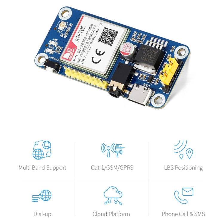 Waveshare Multi Band 2G GSM / GPRS LBS A7670E LTE Cat-1 HAT for Raspberry Pi, for Europe, Southeast Asia, West Asia, Africa, China, South Kor, A7670E LTE Cat-1 HAT