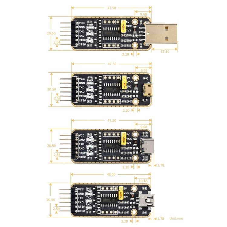 Waveshare Type-C / USB-C to UART High Band Rate Transmission Module Connectors, USB-C