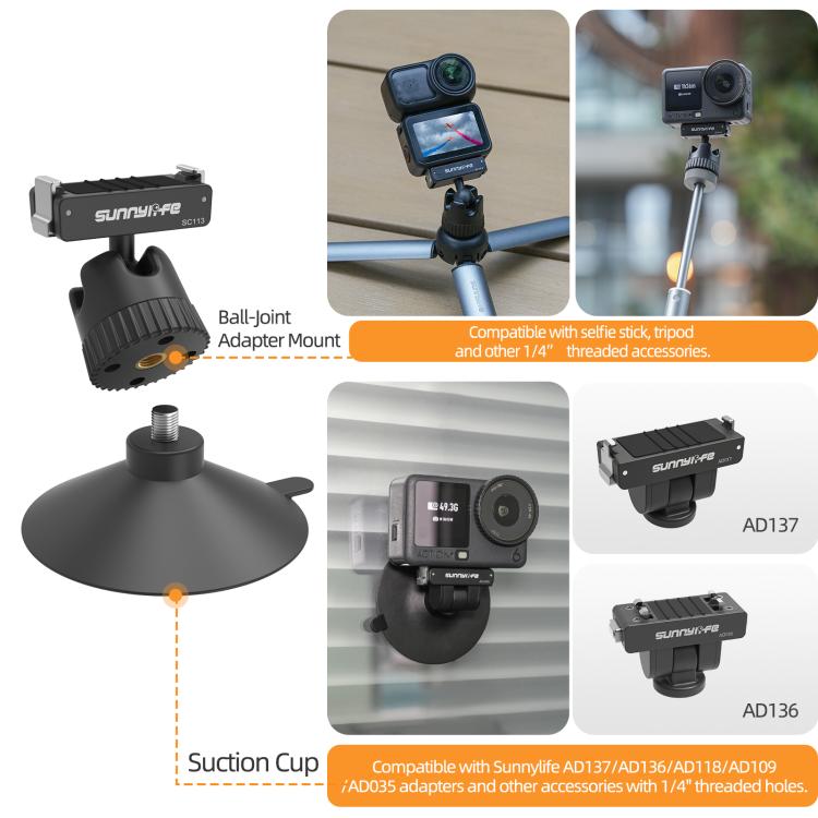 Sunnylife Dual-Direction magnetische Schnellverschluss-Kugelgelenk-Adapterhalterung, 360° drehbarer Saugnapfhalterung für DJI Osmo Nano / Action 6, für DJI Osmo Nano / Action 6