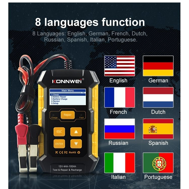 KONNWEI KW510 3-in-1 Autobatterie-Tester / Ladegerät / Regenerator, unterstützt 8 Sprachen, KW510 (EU-Stecker), KW510 (US-Stecker)