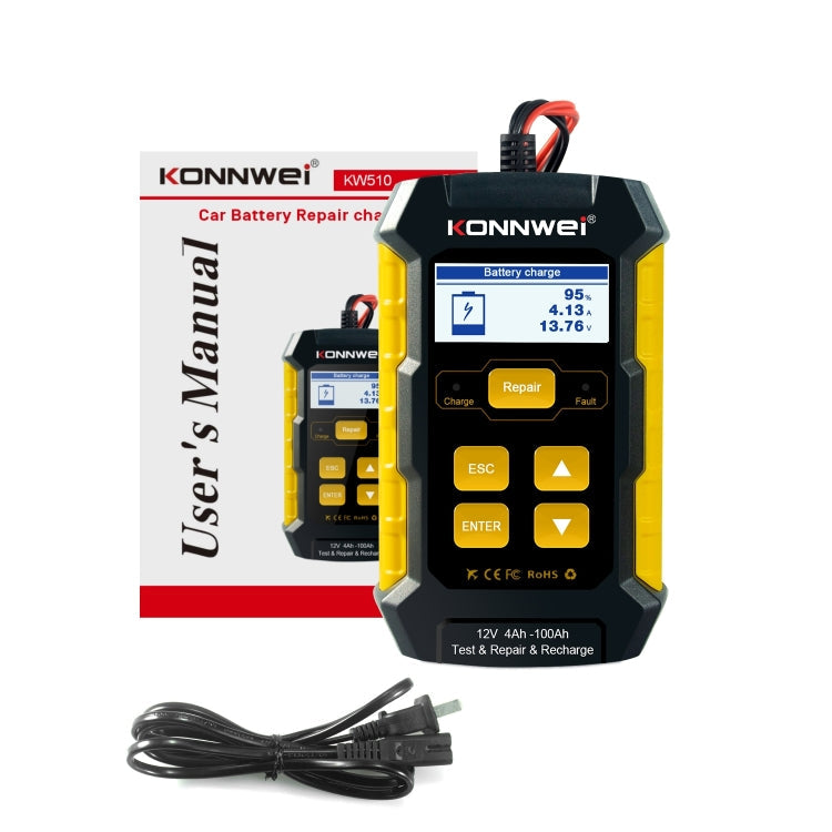 KONNWEI KW510 3-in-1 Autobatterie-Tester / Ladegerät / Regenerator, unterstützt 8 Sprachen, KW510 (EU-Stecker), KW510 (US-Stecker)