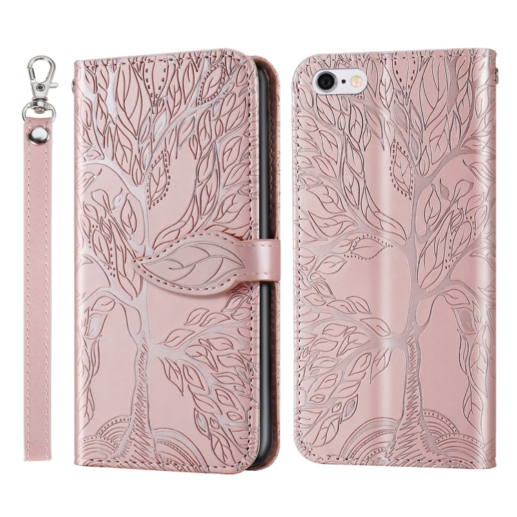 Lederhülle im Querformat mit Prägemuster "Lebensbaum", Halterung, Kartenfach, Brieftaschenfunktion, Bilderrahmen & Trageband, für iPhone 6 & 6s, für iPhone 6 Plus & 6s Plus, für iPhone 8 & 7, für iPhone 8 Plus & 7 Plus
