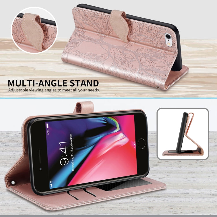 Lederhülle im Querformat mit Prägemuster "Lebensbaum", Halterung, Kartenfach, Brieftaschenfunktion, Bilderrahmen & Trageband, für iPhone 6 & 6s, für iPhone 6 Plus & 6s Plus, für iPhone 8 & 7, für iPhone 8 Plus & 7 Plus