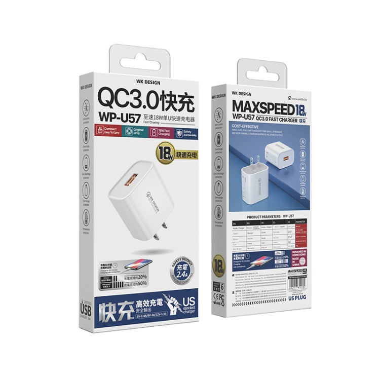 WK WP-U57 Max 18W Maxspeed QC3.0 Schnellladegerät + USB auf 8 Pin Datenkabel, US-Stecker, EU-Stecker