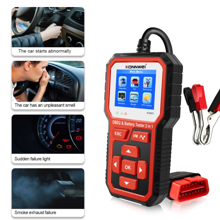 KONNWEI KW681 Car 2.4 inch TFT Screen OBD Fault Diagnosis + 6V-12V Battery Tester Support 9 Languages, KW681