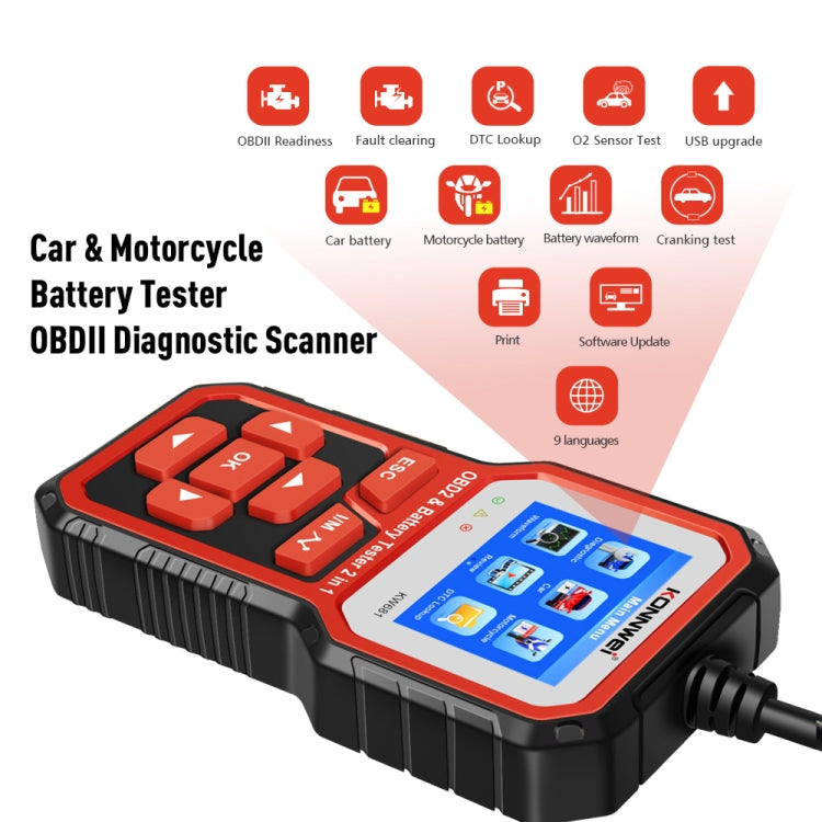 KONNWEI KW681 Car 2.4 inch TFT Screen OBD Fault Diagnosis + 6V-12V Battery Tester Support 9 Languages, KW681
