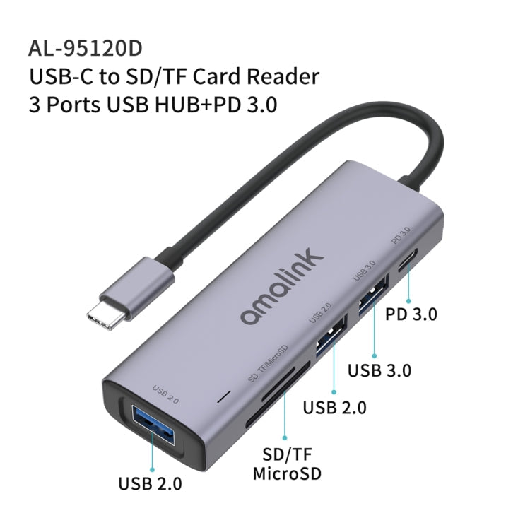 amalink 95120D Typ-C / USB-C auf SD/TF + 3 Ports USB + PD 3.0 Multifunktions-HUB Dockingstation, 95120D