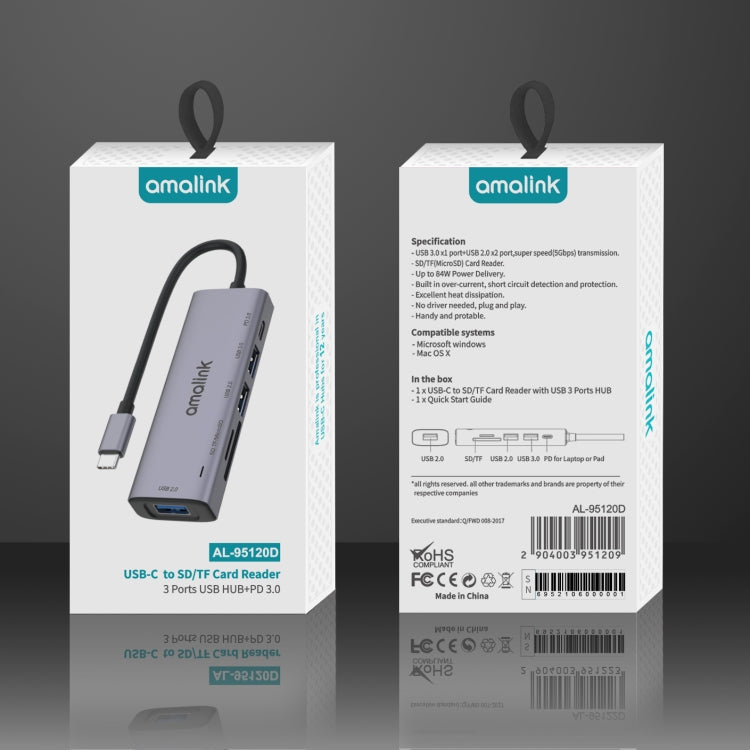 amalink 95120D Typ-C / USB-C auf SD/TF + 3 Ports USB + PD 3.0 Multifunktions-HUB Dockingstation, 95120D