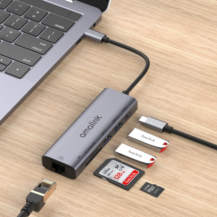 amalink 95122D Typ-C / USB-C auf RJ45 + 2 Ports USB + PD 3.0 Multifunktions-HUB, 95122D